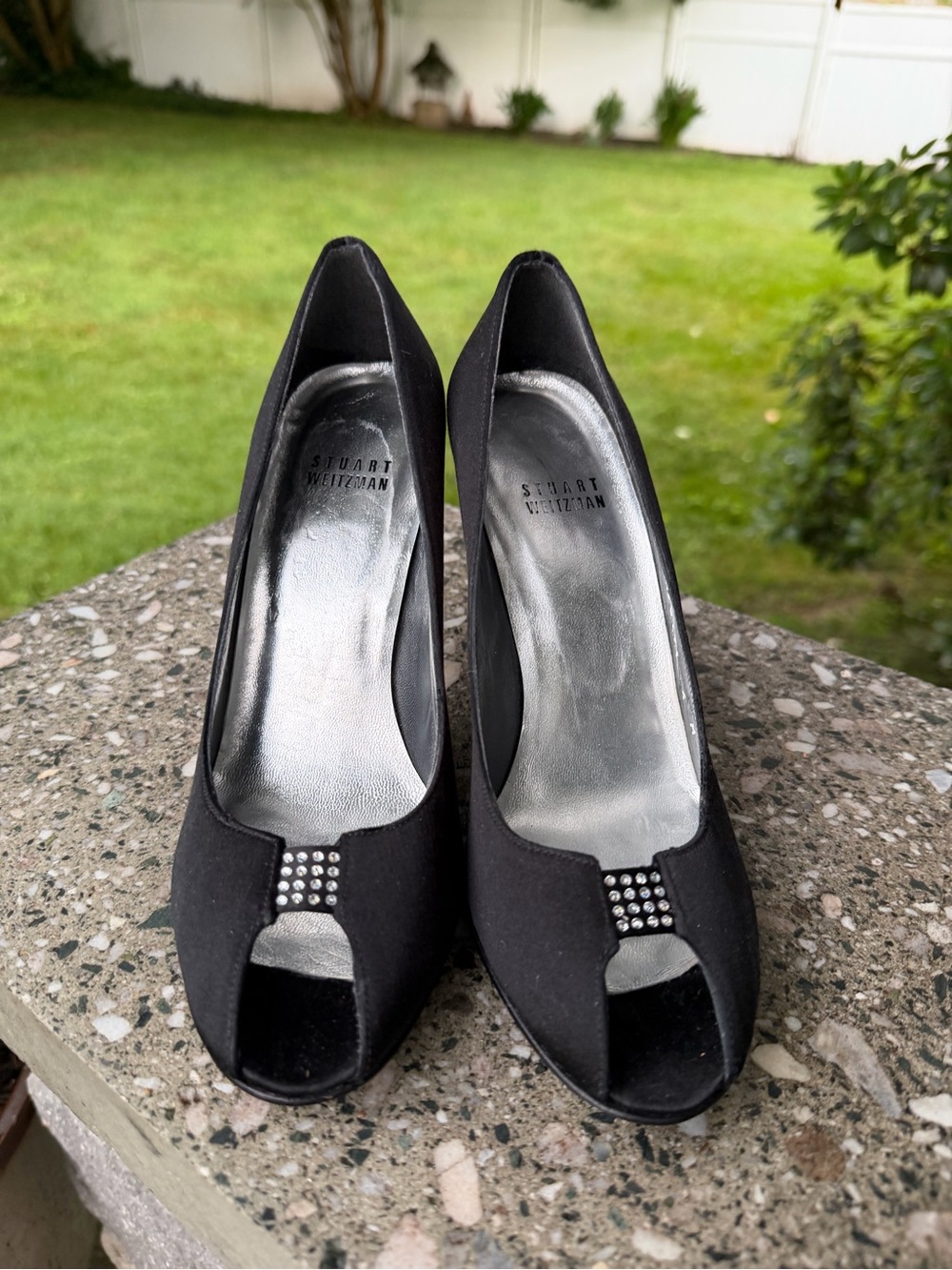 Stuart Weitzman Black Peep-Toe Heels with Rhinestone Detail